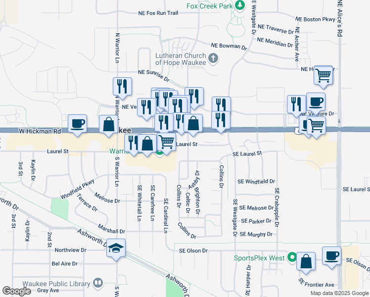 map of restaurants, bars, coffee shops, grocery stores, and more near 250 Southeast Laurel Street in Waukee