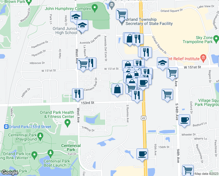 map of restaurants, bars, coffee shops, grocery stores, and more near El Cameno Terrace in Orland Park