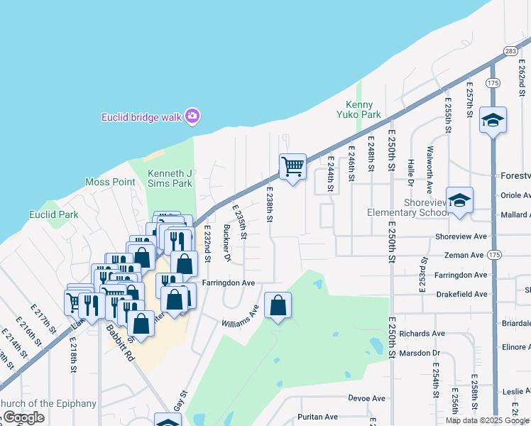map of restaurants, bars, coffee shops, grocery stores, and more near 23550 Lakeshore Boulevard in Euclid