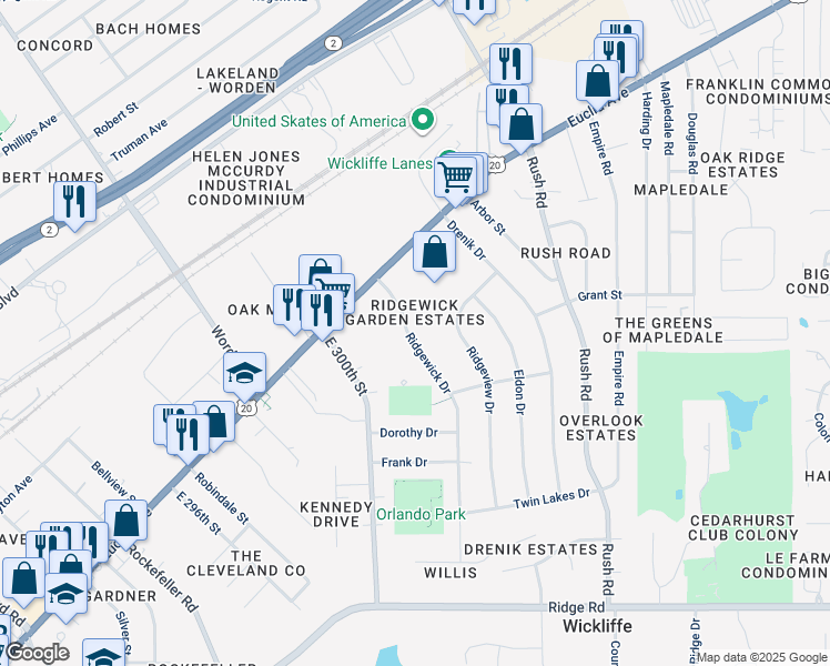 map of restaurants, bars, coffee shops, grocery stores, and more near 1565 Ridgewick Drive in Wickliffe