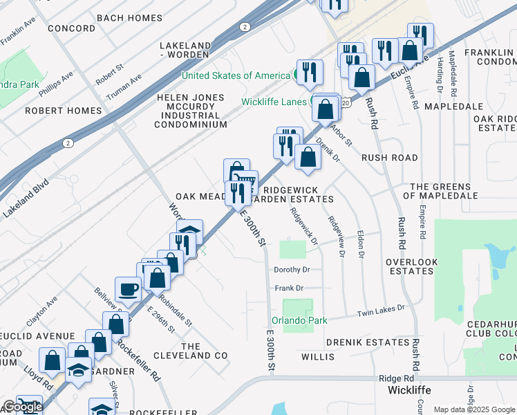 map of restaurants, bars, coffee shops, grocery stores, and more near 30015 Euclid Avenue in Wickliffe