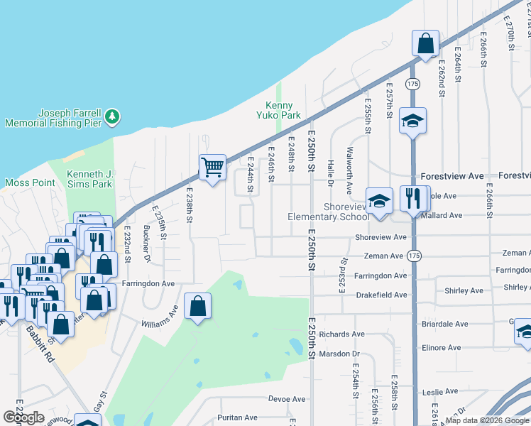map of restaurants, bars, coffee shops, grocery stores, and more near 295 East 246th Street in Euclid