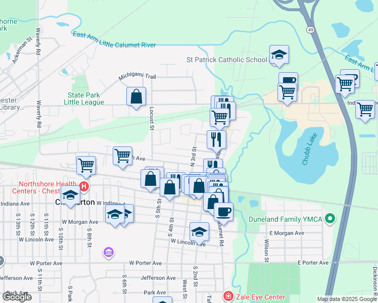 map of restaurants, bars, coffee shops, grocery stores, and more near 305-399 North 3rd Street in Chesterton