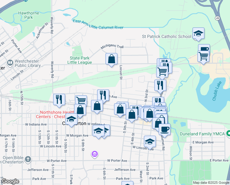 map of restaurants, bars, coffee shops, grocery stores, and more near 253-299 Locust Street in Chesterton