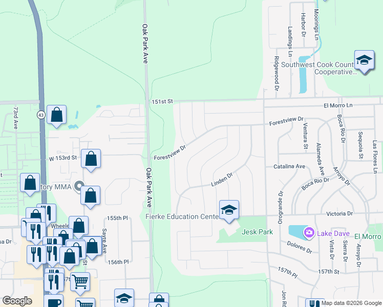 map of restaurants, bars, coffee shops, grocery stores, and more near 6620 Forestview Drive in Oak Forest