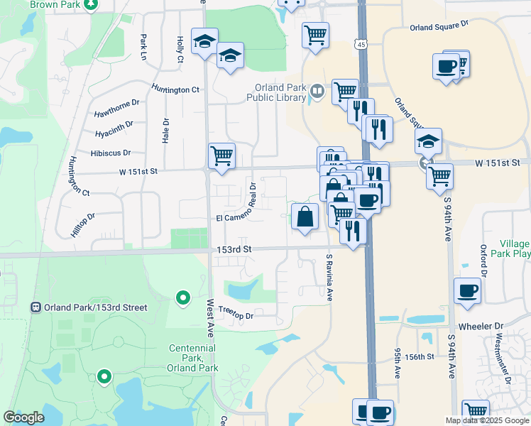 map of restaurants, bars, coffee shops, grocery stores, and more near 9855 El Cameno Lane in Orland Park
