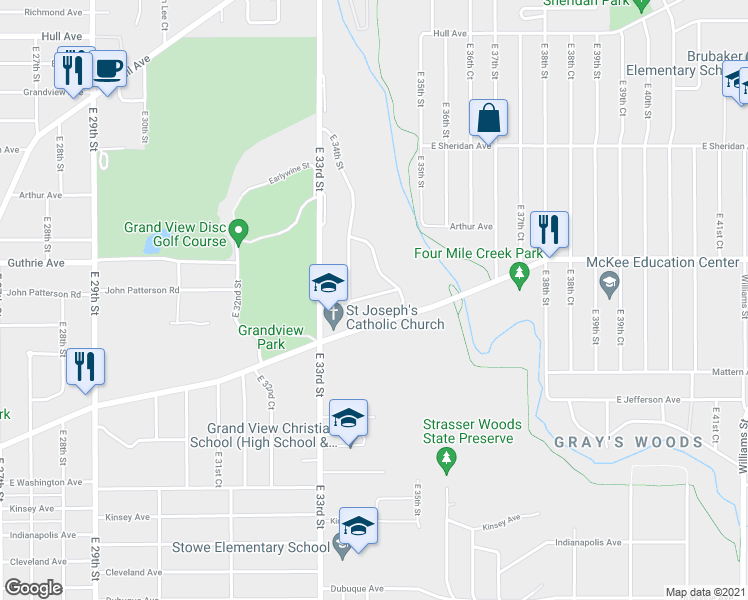 map of restaurants, bars, coffee shops, grocery stores, and more near 2216 East 35th Street in Des Moines