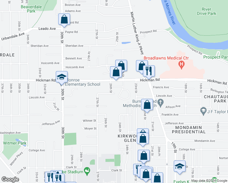 map of restaurants, bars, coffee shops, grocery stores, and more near 2410 Hickman Road in Des Moines