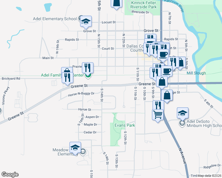 map of restaurants, bars, coffee shops, grocery stores, and more near 1224 Greene Street in Adel