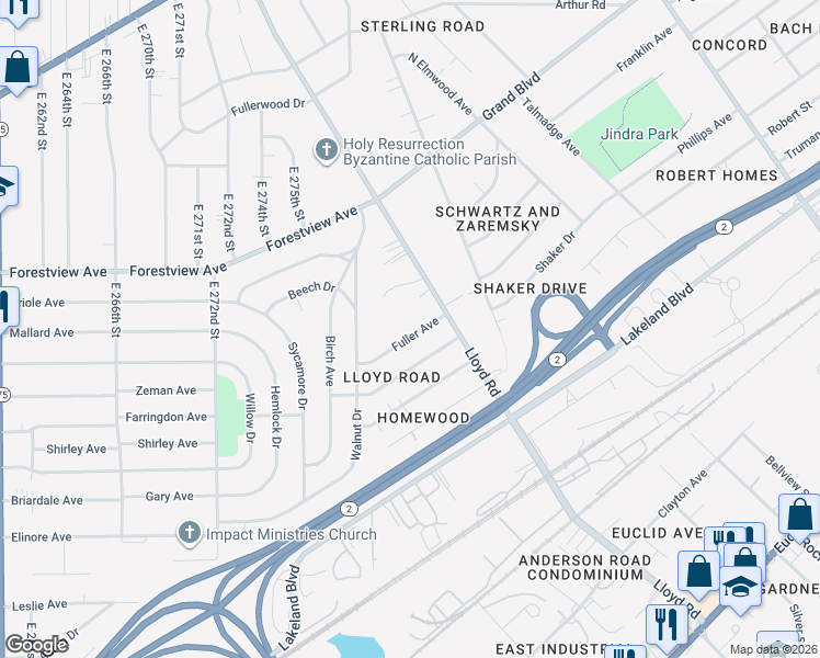 map of restaurants, bars, coffee shops, grocery stores, and more near 2034 Lloyd Court in Wickliffe
