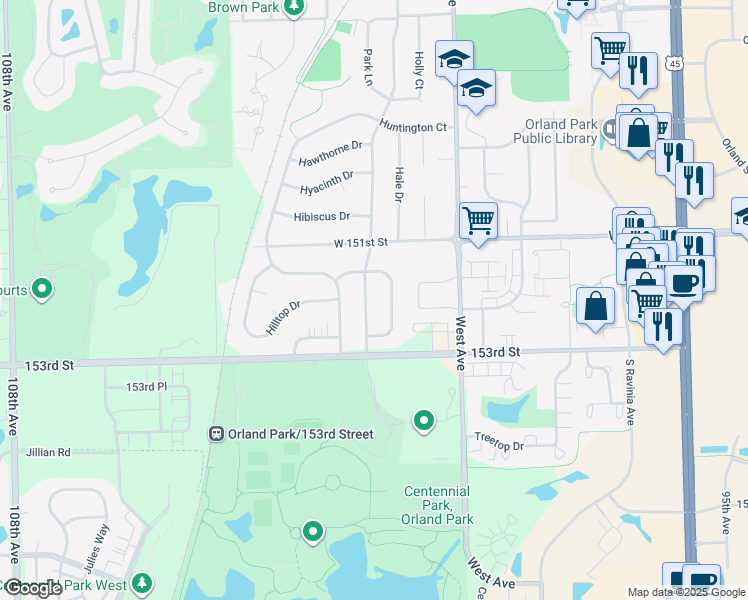 map of restaurants, bars, coffee shops, grocery stores, and more near 15147 Highland Avenue in Orland Park