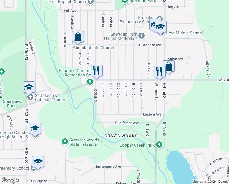 map of restaurants, bars, coffee shops, grocery stores, and more near 2115 East 39th Street in Des Moines