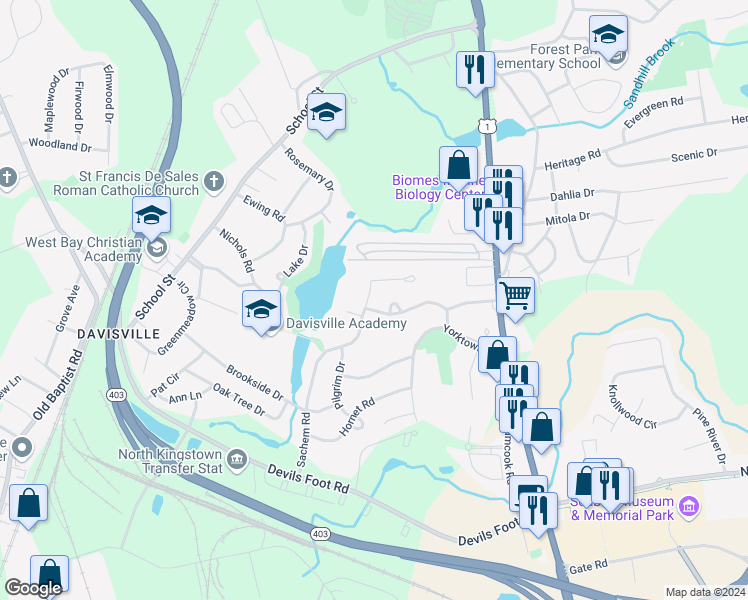 map of restaurants, bars, coffee shops, grocery stores, and more near 239 Sachem Road in North Kingstown