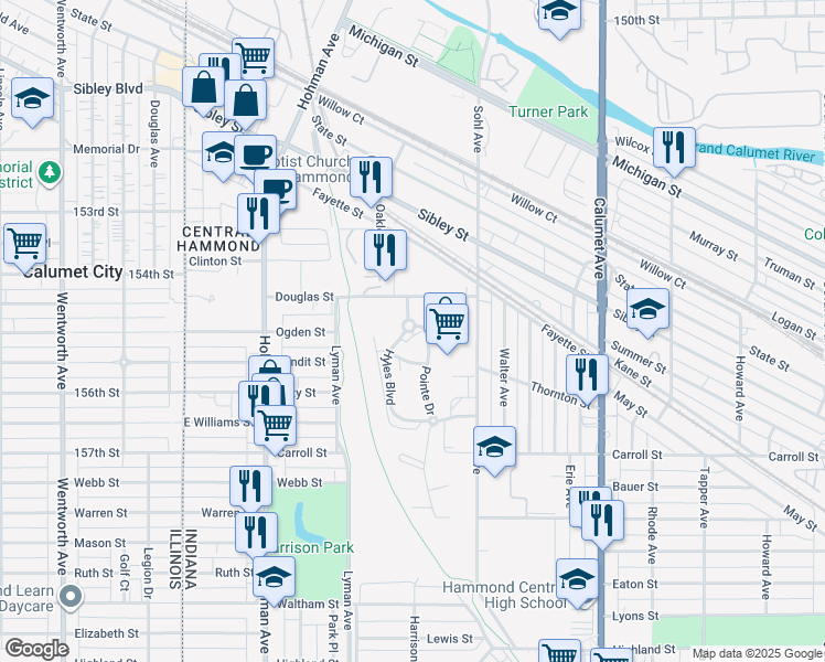 map of restaurants, bars, coffee shops, grocery stores, and more near 5525 Hyles Boulevard in Hammond
