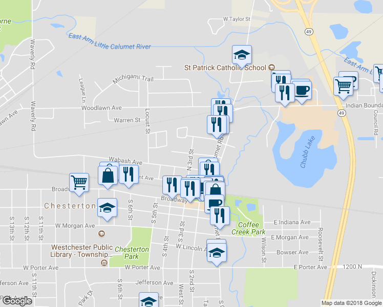 map of restaurants, bars, coffee shops, grocery stores, and more near 305 North 3rd Street in Chesterton
