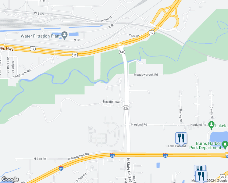 map of restaurants, bars, coffee shops, grocery stores, and more near 310 Iroquois Trail in Burns Harbor
