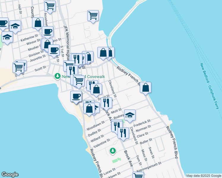 map of restaurants, bars, coffee shops, grocery stores, and more near 40 Roosevelt Street in New Bedford