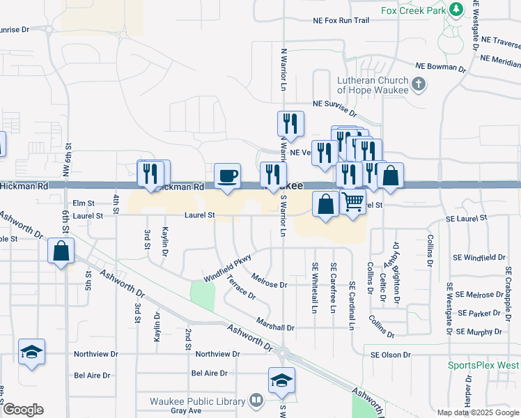 map of restaurants, bars, coffee shops, grocery stores, and more near 20 Hickman Road in Waukee