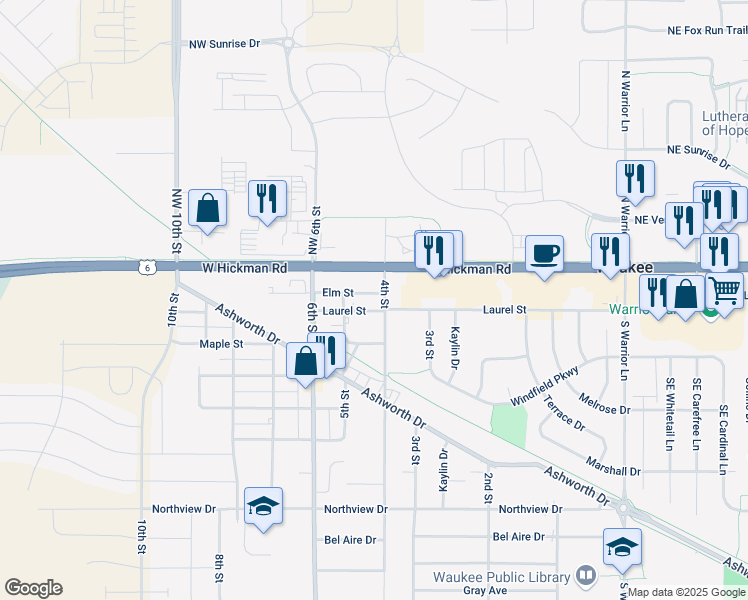 map of restaurants, bars, coffee shops, grocery stores, and more near 430 Hickman Road in Waukee