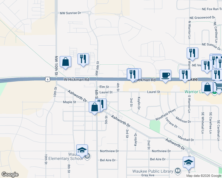 map of restaurants, bars, coffee shops, grocery stores, and more near 430 Hickman Road in Waukee