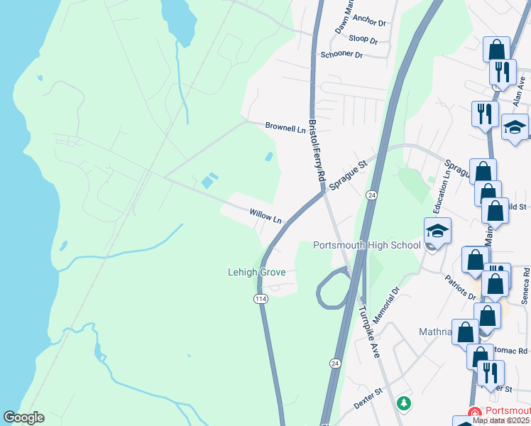 map of restaurants, bars, coffee shops, grocery stores, and more near 35 Willow Lane in Portsmouth
