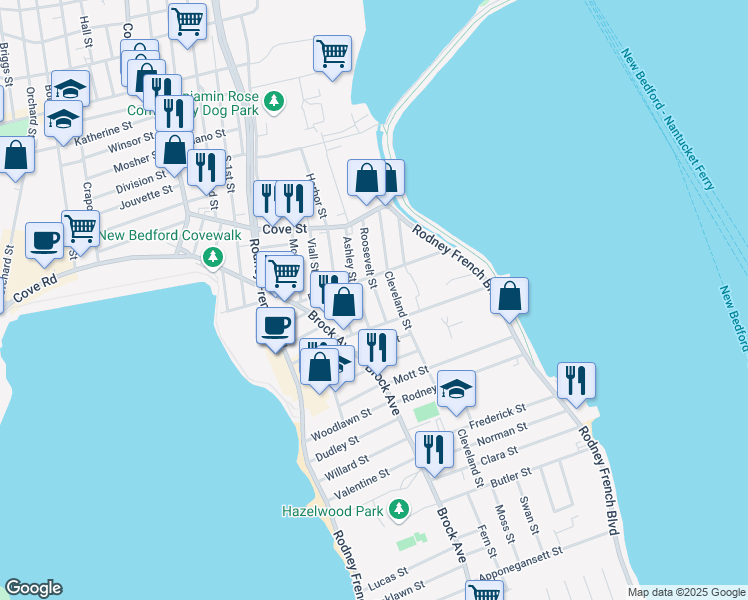 map of restaurants, bars, coffee shops, grocery stores, and more near 49 Roosevelt Street in New Bedford