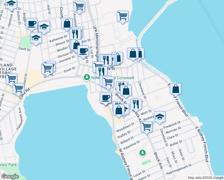 map of restaurants, bars, coffee shops, grocery stores, and more near 29 Viall Street in New Bedford