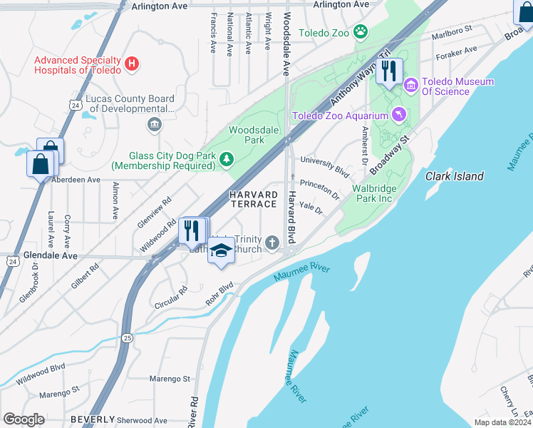 map of restaurants, bars, coffee shops, grocery stores, and more near 1330 Harvard Boulevard in Toledo