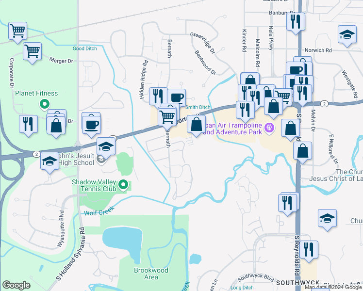 map of restaurants, bars, coffee shops, grocery stores, and more near 1404 Baronial Plaza Drive in Toledo
