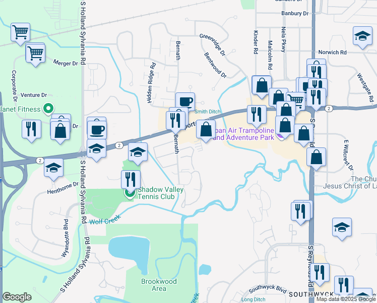 map of restaurants, bars, coffee shops, grocery stores, and more near 1404 Baronial Plaza Drive in Toledo