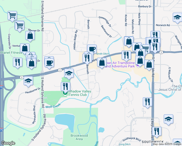 map of restaurants, bars, coffee shops, grocery stores, and more near 1413 Bernath in Toledo