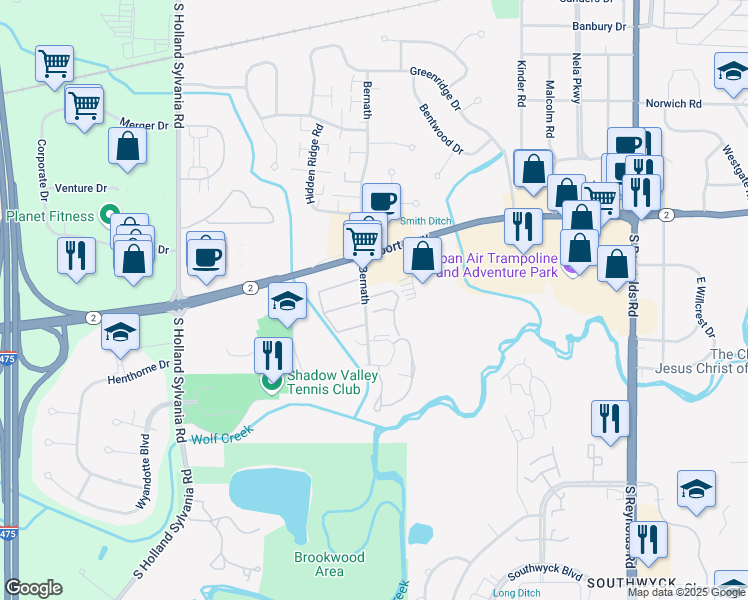 map of restaurants, bars, coffee shops, grocery stores, and more near 1413 Bernath in Toledo