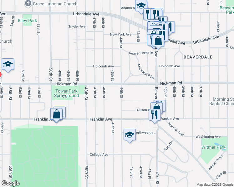 map of restaurants, bars, coffee shops, grocery stores, and more near 4400 Hickman Road in Des Moines