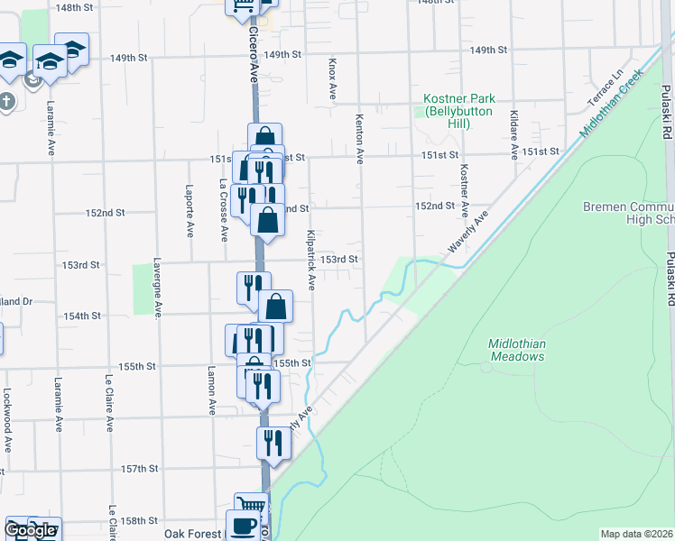 map of restaurants, bars, coffee shops, grocery stores, and more near 15346 Knox Avenue in Oak Forest
