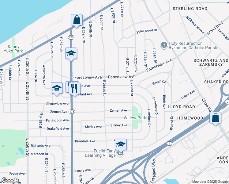 map of restaurants, bars, coffee shops, grocery stores, and more near 26901 Mallard Avenue in Euclid