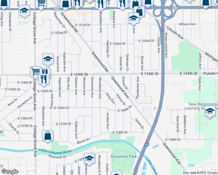 map of restaurants, bars, coffee shops, grocery stores, and more near 1251 Prince Drive in South Holland