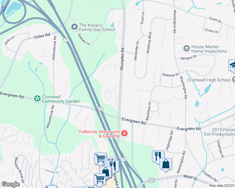 map of restaurants, bars, coffee shops, grocery stores, and more near 140 Woodland Drive in Cromwell
