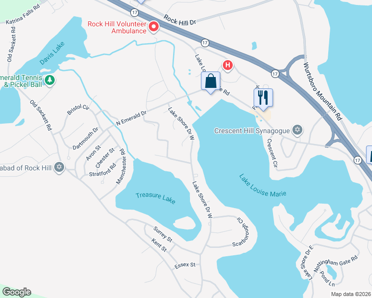 map of restaurants, bars, coffee shops, grocery stores, and more near 18 Lakeview Court in Rock Hill