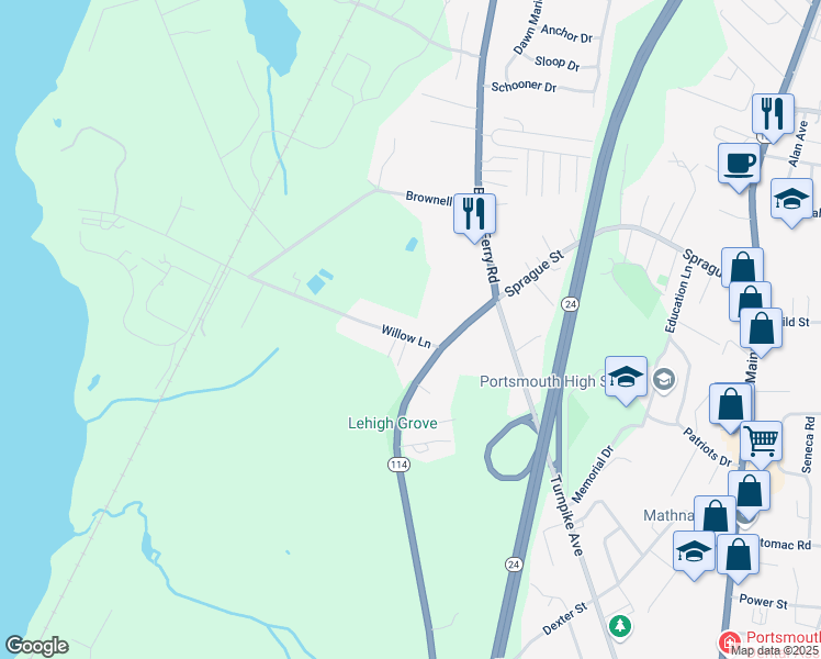map of restaurants, bars, coffee shops, grocery stores, and more near 35 Willow Lane in Portsmouth