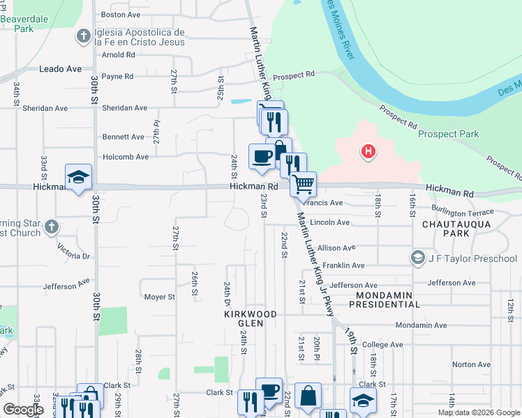 map of restaurants, bars, coffee shops, grocery stores, and more near 2131 23rd Street in Des Moines