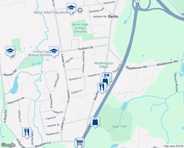 map of restaurants, bars, coffee shops, grocery stores, and more near 101 Westview Terrace in Berlin