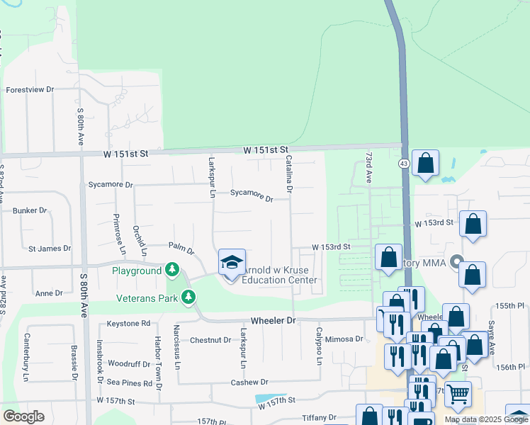 map of restaurants, bars, coffee shops, grocery stores, and more near 15240 Heather Court in Orland Park