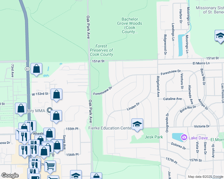 map of restaurants, bars, coffee shops, grocery stores, and more near 15152 Chestnut Lane in Oak Forest