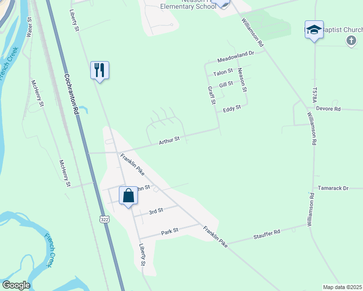 map of restaurants, bars, coffee shops, grocery stores, and more near in Meadville