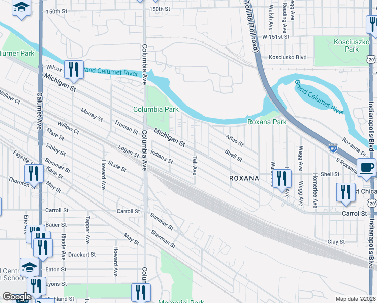 map of restaurants, bars, coffee shops, grocery stores, and more near 1329 Michigan Street in Hammond