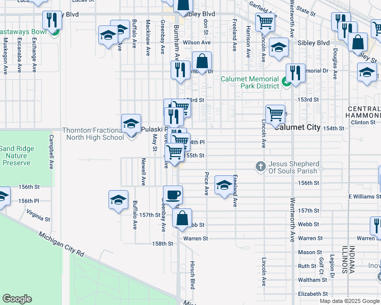 map of restaurants, bars, coffee shops, grocery stores, and more near 525 154th Place in Calumet City