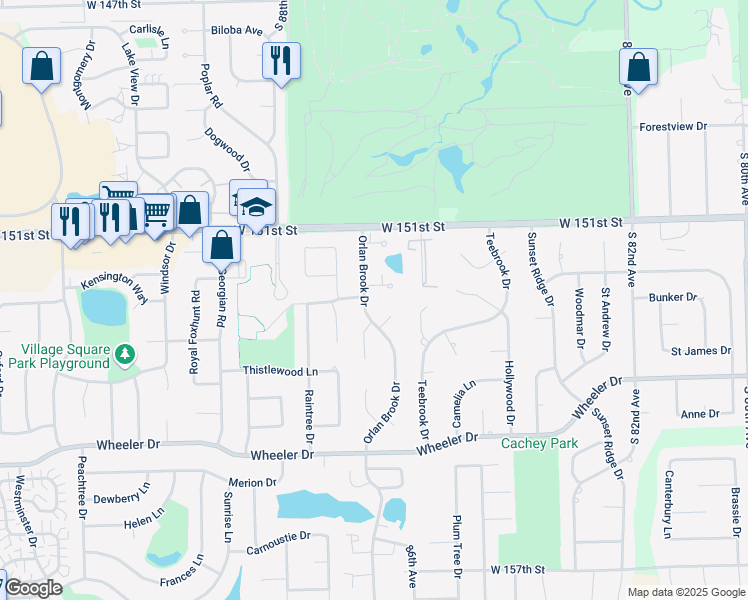 map of restaurants, bars, coffee shops, grocery stores, and more near 8614 Lexington Circle in Orland Park