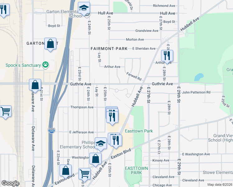 map of restaurants, bars, coffee shops, grocery stores, and more near 2555 Guthrie Avenue in Des Moines