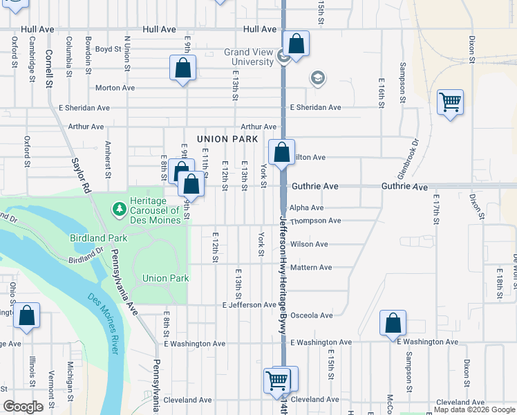 map of restaurants, bars, coffee shops, grocery stores, and more near 2215 York Street in Des Moines
