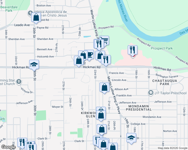 map of restaurants, bars, coffee shops, grocery stores, and more near 2131 23rd Street in Des Moines